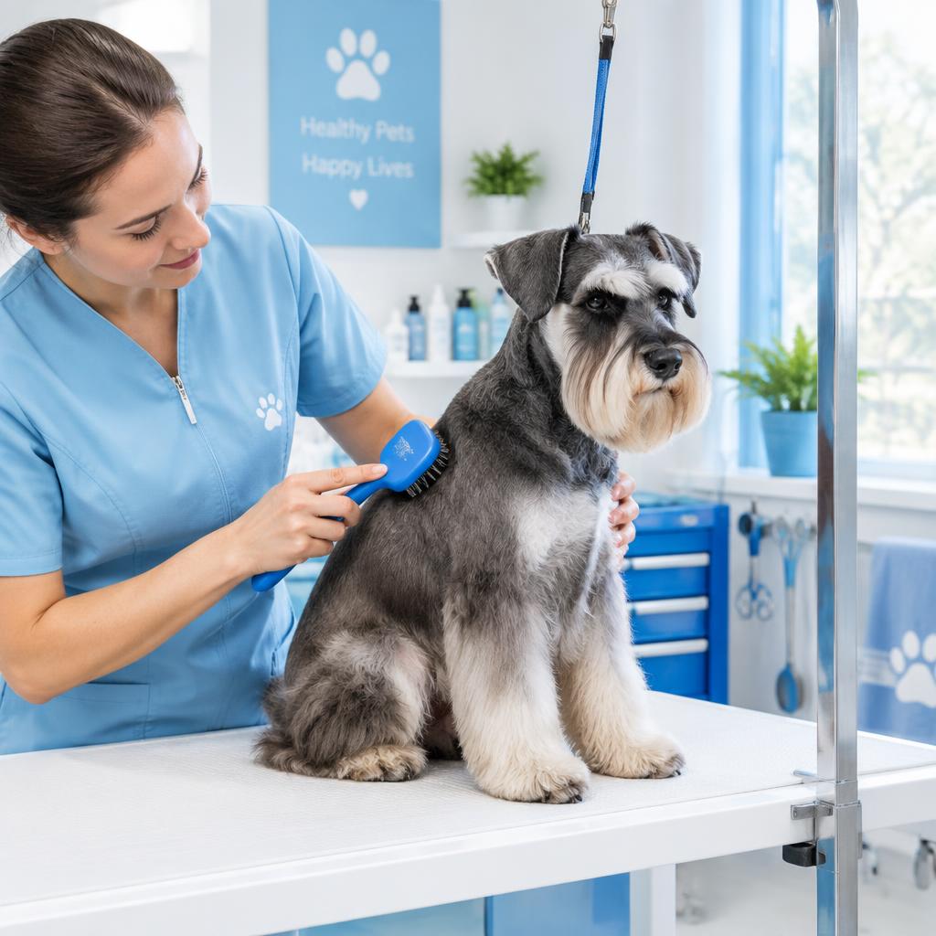 Groomer cepillando un schnauzer